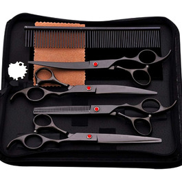 Набір ножиць для грумінгу собак, 7 дюймів, професійний набір для догляду за тваринами, нержавіюча сталь, вигнуті ножиці, ножиці для розрідження, гребінець для грумінгу, для собак та котів, 5 шт. чорний