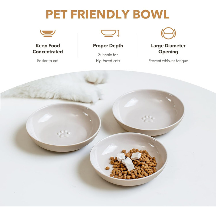 Миски для котів Havniva, кераміка, широкі, для вусів, набір 3 шт., годівниця та поїлка, запобігають втомі вусів, 14 см, вінтажний лате