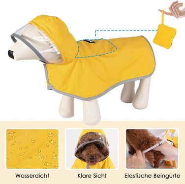 Регенкожух для собак SlowTon: водонепроникний, двошаровий, з капюшоном, світловідбиваючими смугами та кишенею. Підходить для собак маленьких, середніх та великих порід. Колір: жовтий.