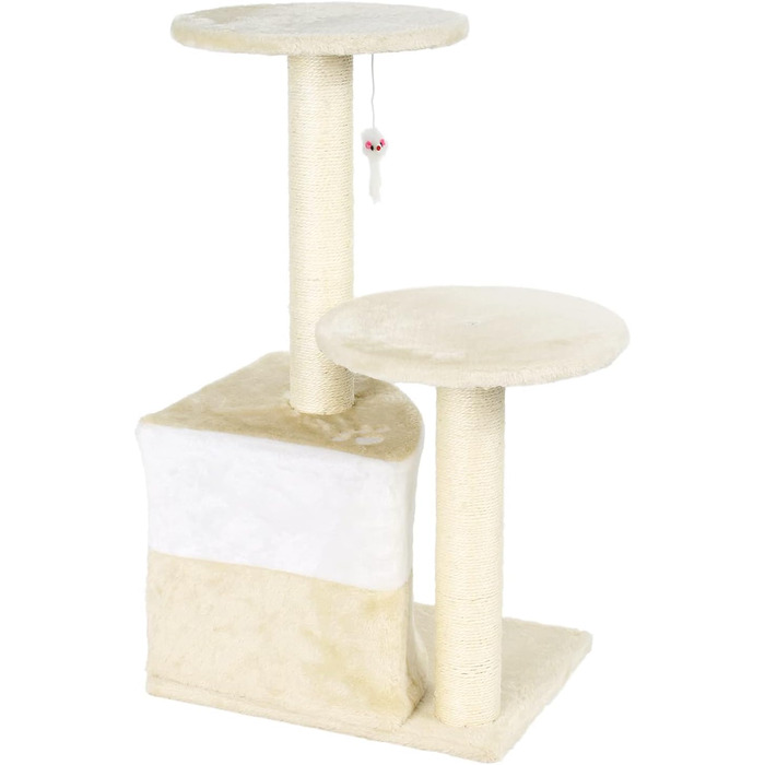 Дряпалка для котів Wiltec бежевого кольору, 71 см, з двома платформами, гніздом та іграшкою, кігтеточка-вежа для котів