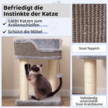 Дряпальня для котів COSTWAY, кігтеточка з плюшем, м'ячиком та сизалевими стовпчиками, дерев'яна, 38x38x51 см (сірий)