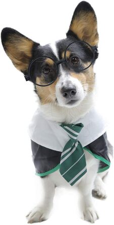 Сорочка для собак на Хелловін Impoosy: костюм кота-чаклуна, мила та м'яка сорочка з окулярами (розмір M, обхват шиї 35,6 см), чорний