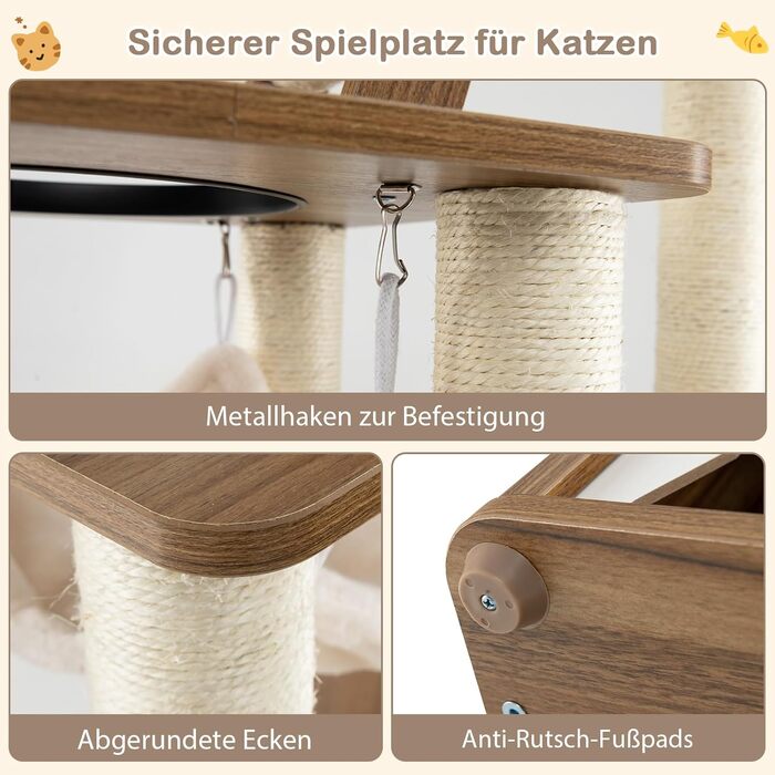 Дерев'яний котячий комплекс COSTWAY 145см, серія Badminton, з гамаком та 2 будиночками, сходинками, великий, з сизалевими стовпчиками, активний, коричневий+натуральний колір