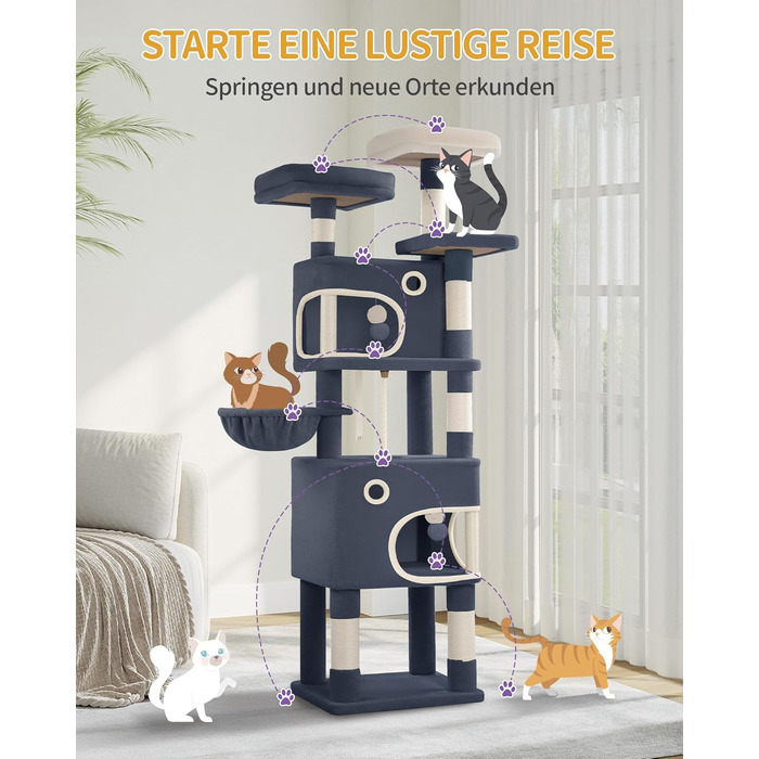 Драбина-кіготь для котів Hzuaneri, 159 см, з 8 кігтеточок, 3 платформ, 2 будиночків, кошиком, плюшевими кульками, мотузкою з сизалю, підходить для котів різних розмірів, MS15918LG (XL, темно-сірий)