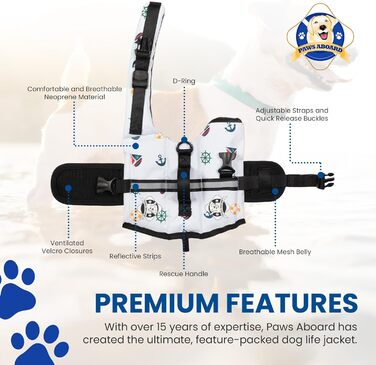 Жилет для плавання собак Paws Aboard – регульований, світловідбиваючий, зручний, різні кольори та розміри XXS-XL