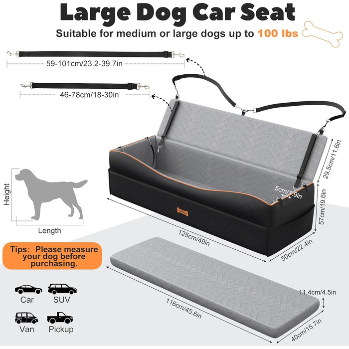 Автокрісло для собак великих порід, лежанка-софа з товстим шаром піни та 2 страхувальними ременями, автокрісло для собак середніх та маленьких порід (до 45 кг), чорний/сірий колір, L