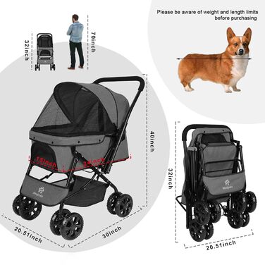 Візок для собак Wedyvko до 20 кг, 4 колеса, складний, для маленьких та середніх собак та котів, з кошиком для зберігання та тримачем для напоїв, зелений (A-темно-сірий)