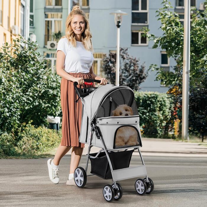 Візок для собак та котів SOARS, до 15 кг, складний, з сіткою, тримачем для напоїв та кошиком для зберігання, сірий