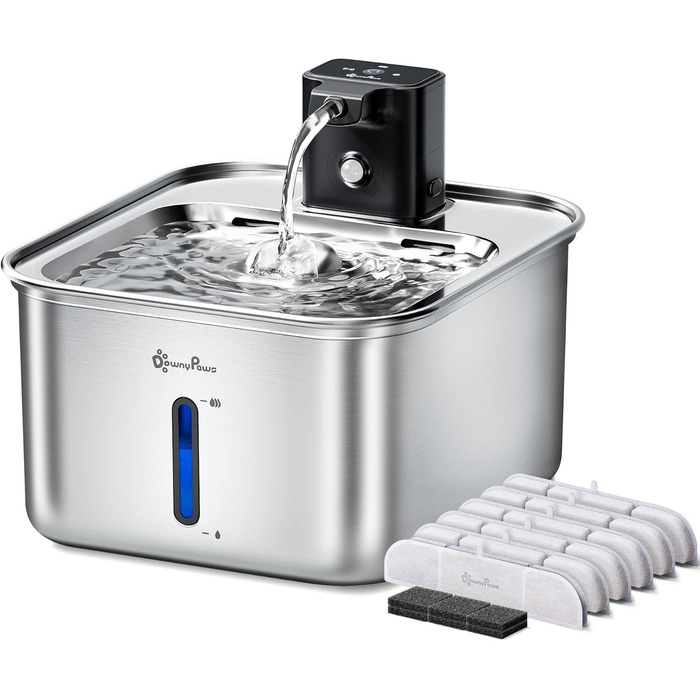 Фонтанчик для котів DownyPaws з нержавіючої сталі, бездротовий, з датчиком руху, 3л, тихий, легко миється, з 6 фільтрами