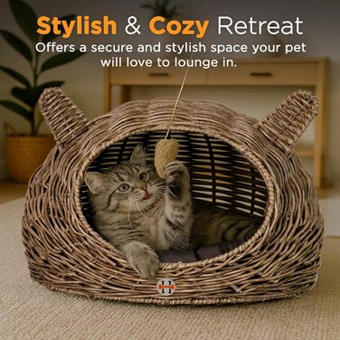 Будинок-ліжко для кота та собаки Huntley Pet Rattan з ротангового плетіння з подушкою