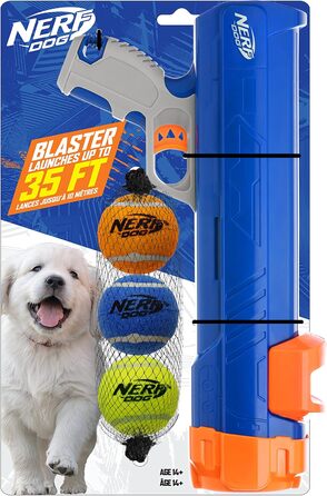 Іграшка для собак Nerf Dog 30,5 см Blaster без кліпу, з 3-ма пищащими тенісними м'ячами 5,1 см, непрозорий синій/оранжевий/сірий, оранжевий/синій/зелений