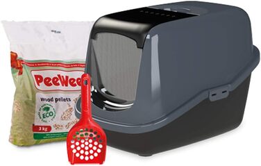 Лотку для котів PeeWee EcoHus з кришкою, закритий, чорно-антрацитовий, з 3 кг дерев'яної тирси
