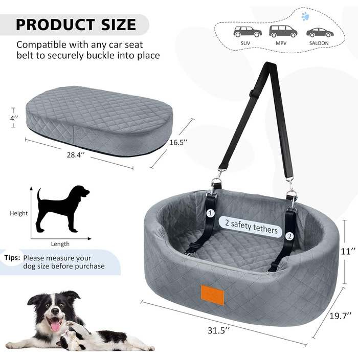 Автоматичний лежак для собак у машину, великий, сірий. З двома ременями безпеки, знімний та миючий. Підходить для великих та середніх собак, або 2 маленьких.