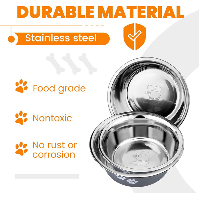 PETTOM Миски для собак 2 шт. з нержавіючої сталі (3120 мл), миски для корму для собак, миски для води з неслизьким силіконовим дном для великих, середніх та маленьких собак, сірі, 21 см