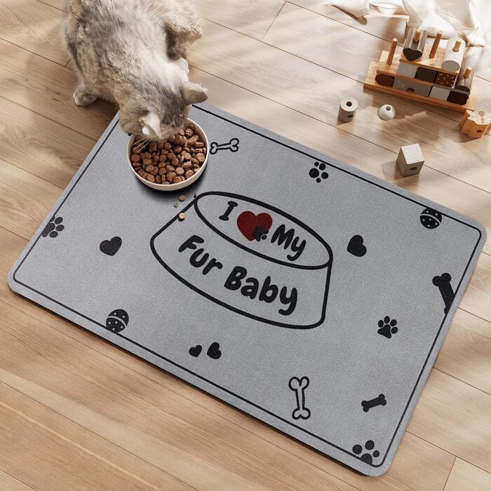 Килимок під миску для собак та котів, сірий, 30x50 см, з принтом 'I love my fur Baby'