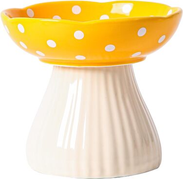 Підвищений годівниця для котів, керамічна миска у формі гриба, широка та плоска миска для котів на підставці, миска для котів, що запобігає блювоті, миска для кошенят та літніх котів (жовта)