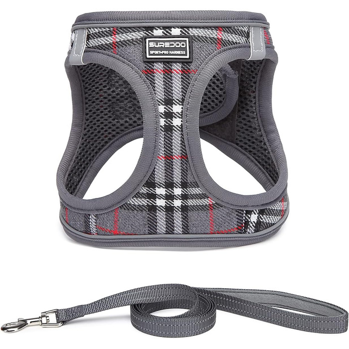 Нашийник для собак маленьких порід з повідком, анти-тягнучий, світловідбиваючий, дихаючий, нагрудник для цуценят (S, обхват грудей: 29-33см) (Сірий в клітинку, XL (обхват грудей: 46-53см, вага: 8-10.5кг))
