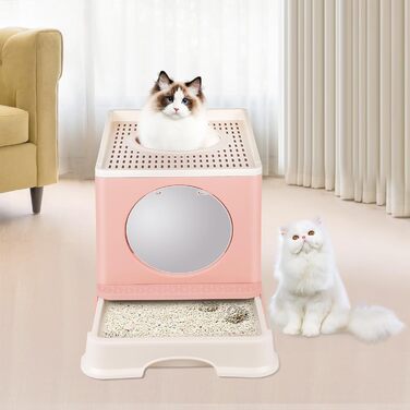 Домашній туалет для котів Homewell з кришкою і лопаткою, дизайнерський котячий туалет-комод, багатофункціональний зручний аксесуар для котів, 45x34x39 см, рожевий, модель 3