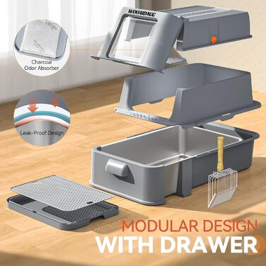 Торгівля для котів Wooaidagg з нержавіючої сталі з контролем запаху, модульна конструкція, легко чистити, розмір XL, підходить для всіх котів (темно-сірий)