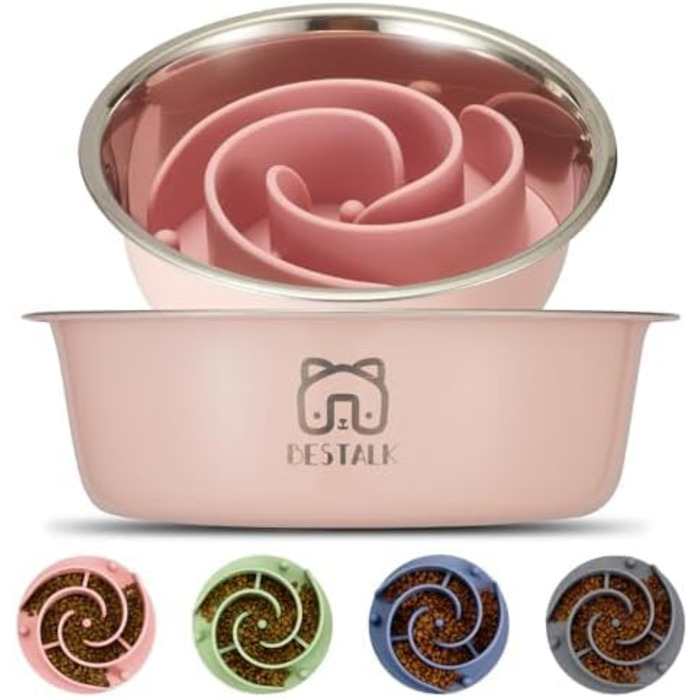 Миска для собак 2 в 1 з уповільненим годуванням, Bestalk, нержавіюча сталь, силіконовий вкладиш, 304, антиковзаюче дно, рожева, для маленьких, середніх та великих собак