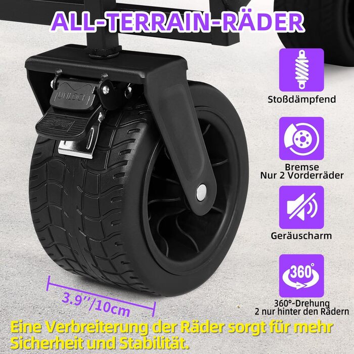 Візок для собак до 50 кг, розкладний, чорний - без даху. Візок-будка з безкамерними шинами для бездоріжжя, регульованою ручкою та заднім отвором для зручного завантаження. Підходить для великих та літніх собак, після операцій.