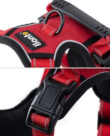 Нашийник для собак Lionto, розмір L, червоний, з м'якої нейлону, анти-тяга, з 2 кільцями та 4 регульованими ремінцями, з гумовою ручкою