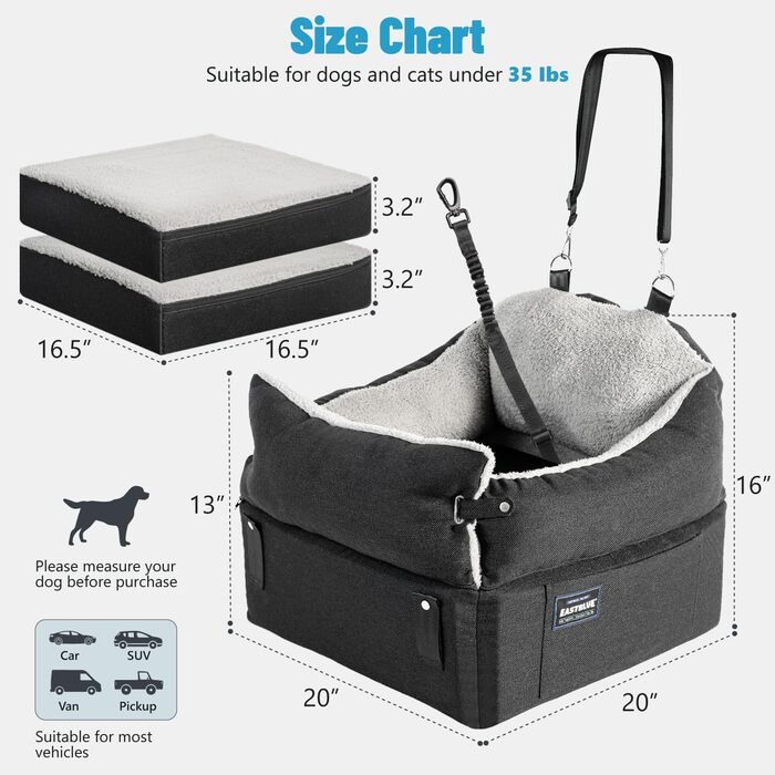Автокрісло для собак EASTBLUE Medium, чорний/сірий, для собак до 15.9 кг, з пам'яті піною, безпечним ременем та 2 подушками