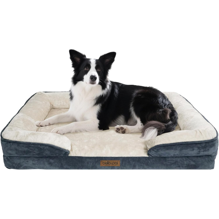 Ортопедичне ліжко для собак BELLA & PAL, 71x59 см. Зручне ліжко-софа для маленьких та середніх собак. Без монтажу, з ефектом пам'яті, водовідштовхувальна вставка, фланелевий знімний чохол, неслизьке дно. (L 91.5 x W 68.5 x H 16.5, Сірий)
