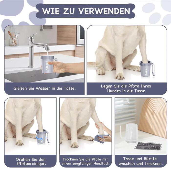 Очисник лап для собак великих порід Tinioey з ручкою | В комплекті 4 рушники та щітка для миття лап | Очисник лап для собак, аксесуари для собак великих порід, середній розмір (сірий)