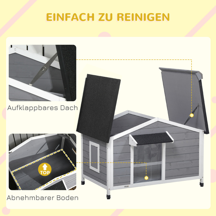 PawHut Fir Wood Dog Fornel Атмосферостійка будка для собаки з відкривається асфальтовим дахом і знімним дном сірого кольору 109x79x72см для великих собак