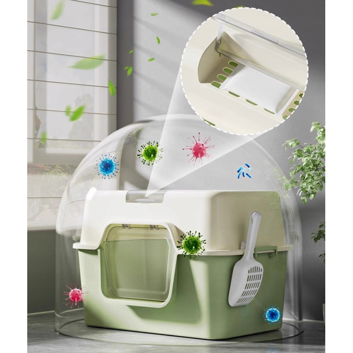 Закритий туалет для котів сірого кольору з лопаткою