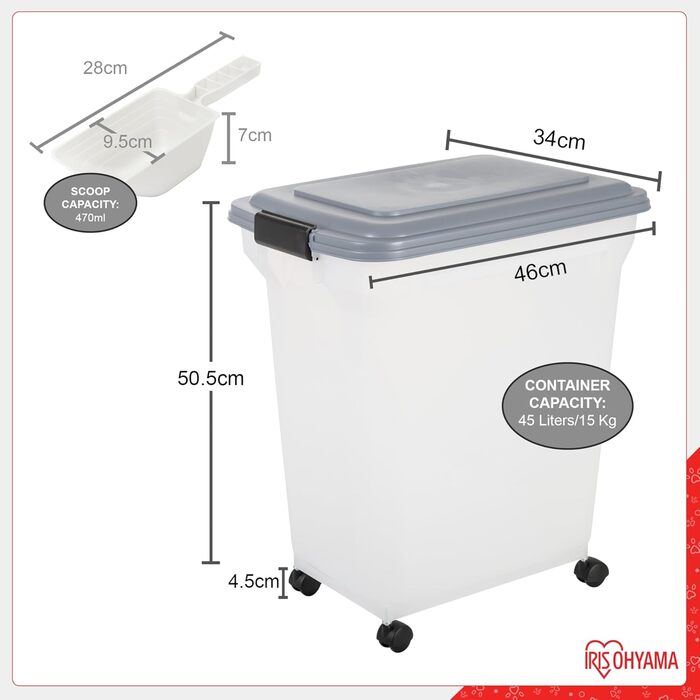 Контейнер для корму Iris Ohyama ATS-L 45л (15кг), сірий. Герметична фідербокс для собак, котів, сухого корму. З міркою, BPA-free