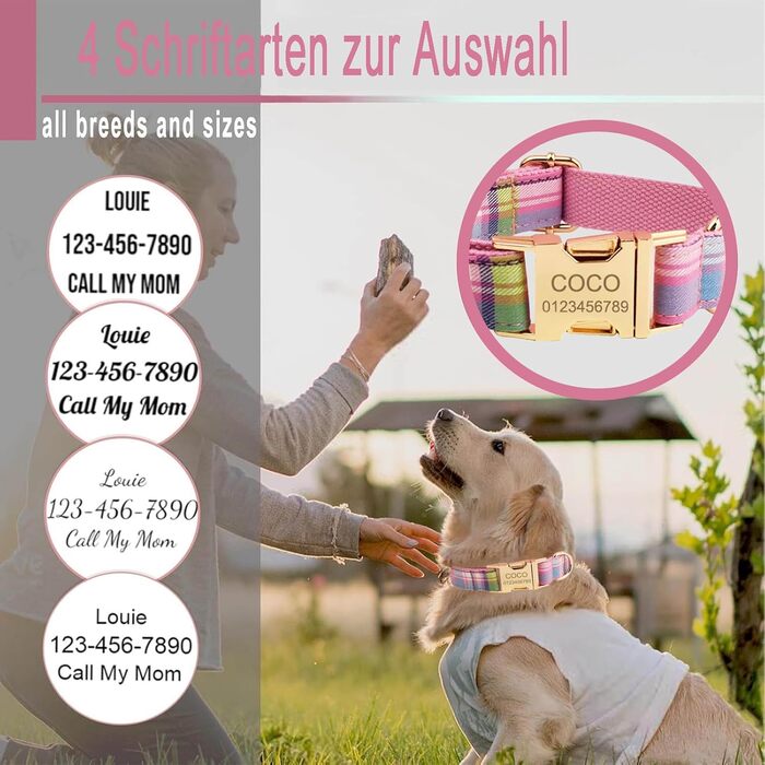 Персоналізоване собаче ошийник з металевою застібкою, з іменем та номером телефону. Регульовані розміри для великих та середніх собак (Collar 05)