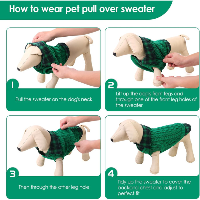 Теплий собачий светр CITE TOILE з візерунком у клітинку, комір-гетр та отворами для повідка – зимовий одяг для собак маленьких, середніх та великих порід, светр для котів на Різдво (L, Зелений)