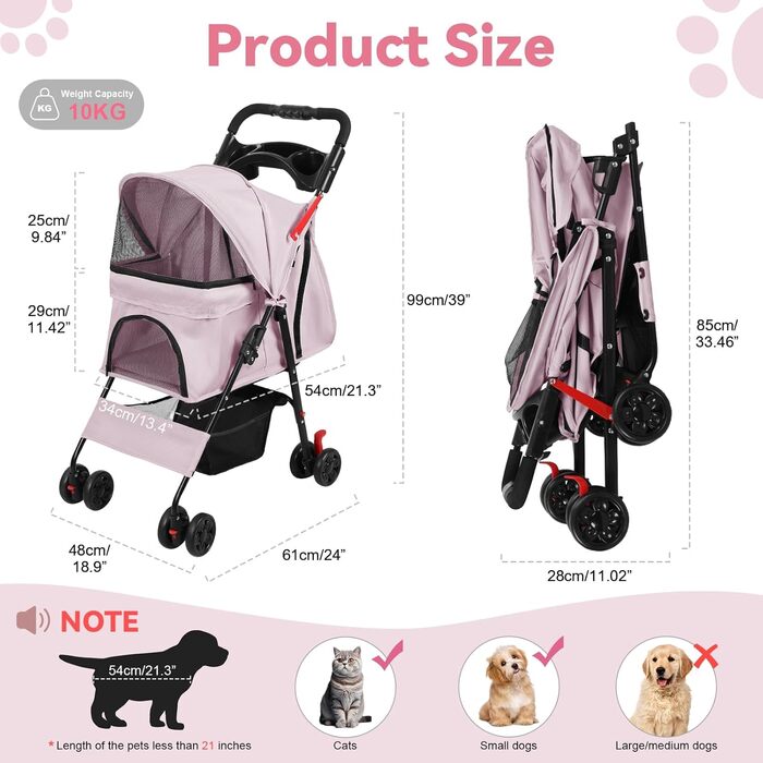 Складаний візок для тварин та дітей з обертовими колесами на 360°, кошиком для зберігання, міцним металевим каркасом та дихаючими сітковими віконцями – портативний переносник для котів та собак до 22 кг (Рожевий)