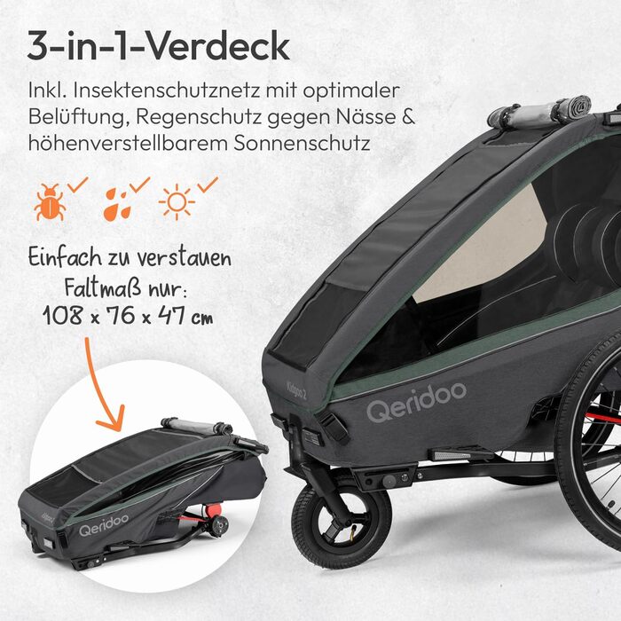 Qeridoo Kidgoo 2: Причіп для велосипеда на 2 дітей з підвіскою та ARS, коляска-візок, дитячий велопричіп, вантажний відсік 45L, Ivy Green