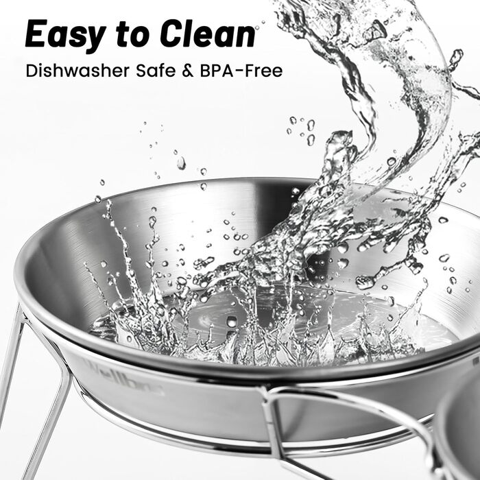 Підвищені миски для котів Wellbro, широкі миски з нержавіючої сталі на металевому підставці, для котів, кошенят та маленьких собак, 2 шт.