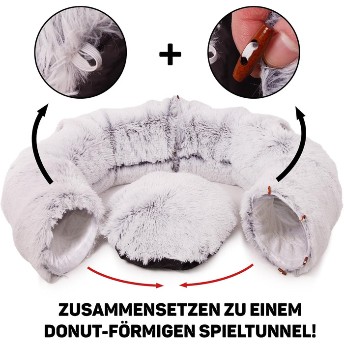CanadianCat Company | Преміум тунель для котів Otis, сірий, м'який хутряний вкладиш, XXL, 2-в-1 тунель-донат для великих котів з пухнастою подушкою