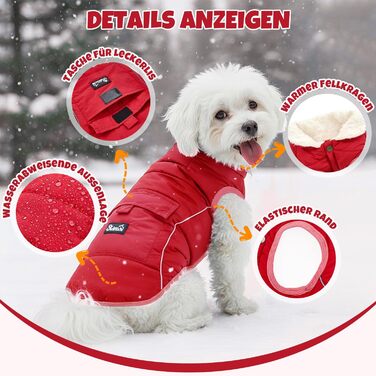 Зимовий одяг для собак Nasjac: тепла куртка зі снігозахистом, флісовою підкладкою, світловідбиваючими смугами та кишенями. Водовідштовхуюча жилетка для собак малих та середніх порід, червона, розмір L