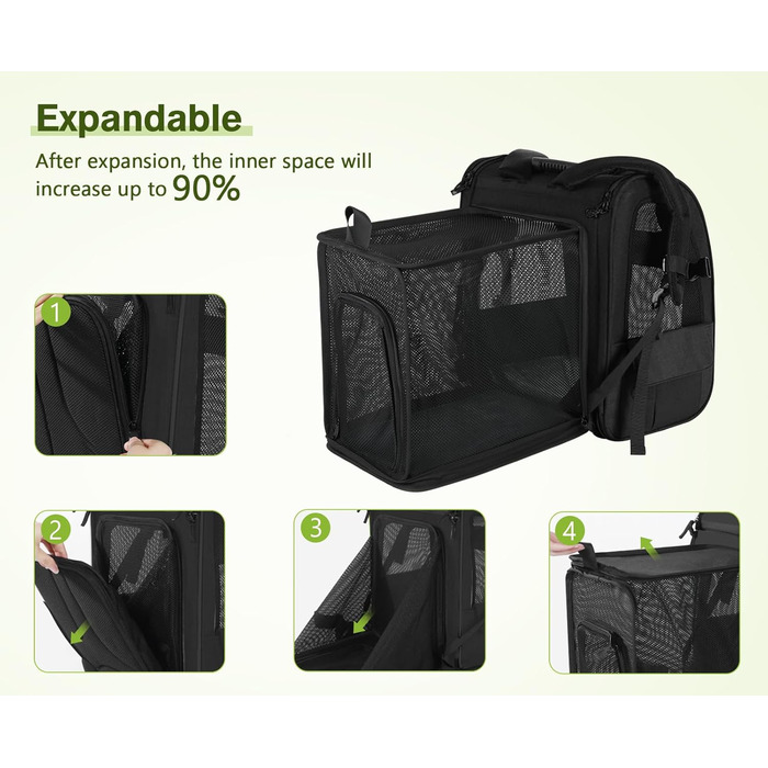 Pecute Сумка-переноска для собак та котів з сіткою, розширювана, чорна (до 6 кг)