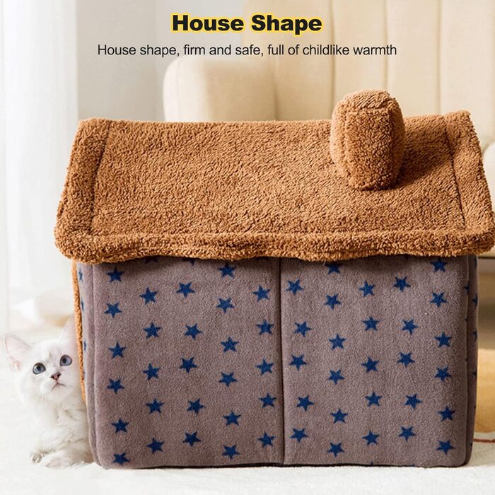 Кігтеточка-будиночок для котів Galatée, зручне ліжко для собак, миється, коричнева зі зірками (M)