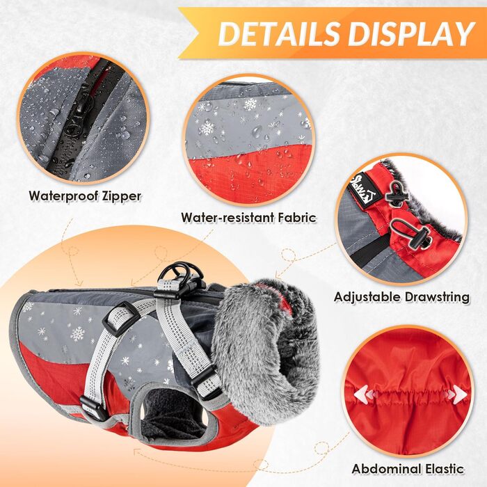 Зимовий одяг для собак Nasjac: теплий водонепроникний флісовий одяг з кріпленням для повідка, для маленьких, середніх та великих собак. Відбиваючий, регульований, з хутром, Hunter Weste XXL (Об'єм грудей 74-82 см), червоно-сірий