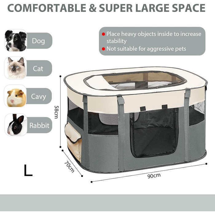 Складаний вольєр для цуценят, переносний вольєр для тварин, вольєр для цуценят, вольєр для тварин в приміщенні, вольєр для кошенят, цуценят, кроликів, сірий, 90 x 70 x 58 см