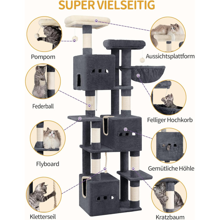 Великий котячий будиночок-кліматизатор, 193 см, XXL, з 7 стовпчиками для шліфування, 3 будиночками, 2 платформами, 2 плюшевими кульками, корзиною, мотузкою для лазіння, багатоповерховий, MS19218LG (темно-сірий)