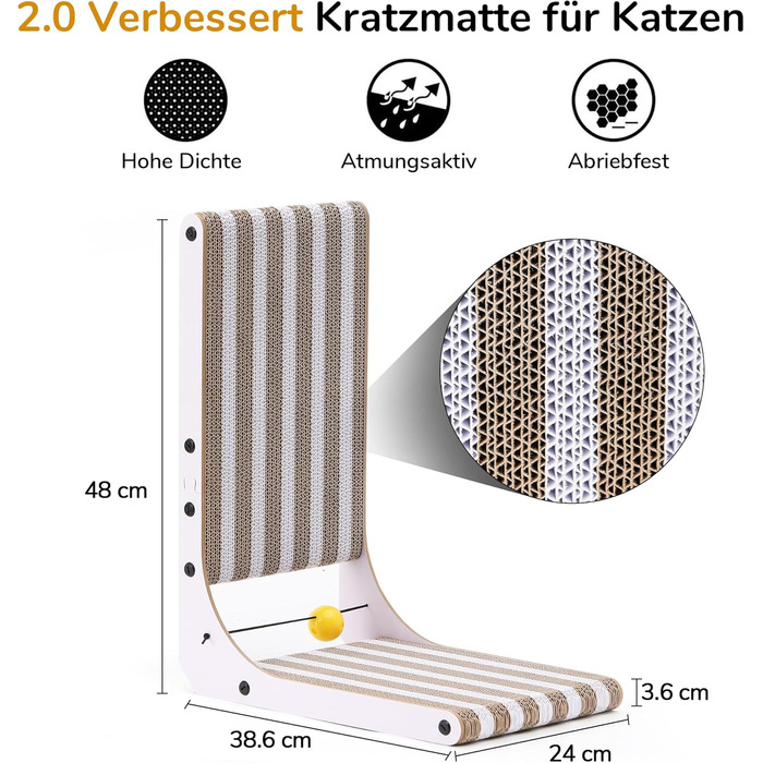 Котячий когтетоп FUKUMARU L-подібний, 68 см, з візерунком смуг, міцний, з іграшкою, для стіни та кута, великий (середній)