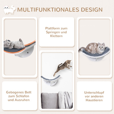 PawHut Cat Bed Настінний стильний шезлонг для кішок з плюшевою подушечкою з МДФ Легка установка в білому сірому кольорі 41x28x21см