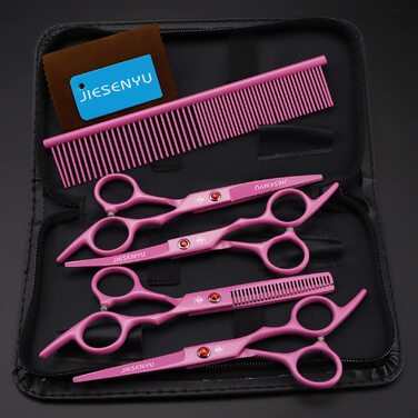Набір для догляду за шерстю для собак, 6 дюймів: ножиці, ножиці для фінальної обробки, вигнуті ножиці, гребінець для шерсті (Рожевий)