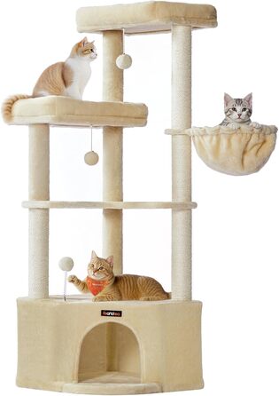 Дряпка для котів Feandrea, кігтеточка з великою затишною печерою, платформами, м'ячиками та лежанкою, 48,5 x 48,5 x 140,7 см, бежевий PCT009Y01
