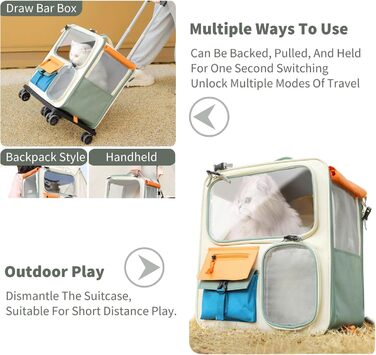 PETCUTE Рюкзак для собак з візком, 2-в-1, рюкзак для котів великих порід з колесами, дихаючий рюкзак-переноска для собак з вийманим килимком, складаний рюкзак для тварин для цуценят Бежевий+Зелений