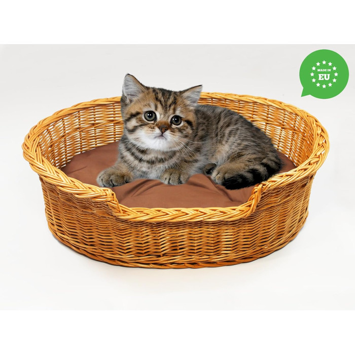 Плетене ліжко для собак та котів з ротангу, розмір 43x28x10/14 см, з подушкою 75x54x21 см (колір коричневий)